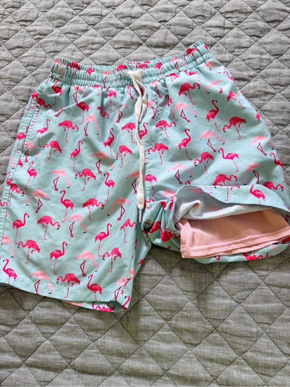 Flamingo Print Swim Shorts in Mint & Hot Pink